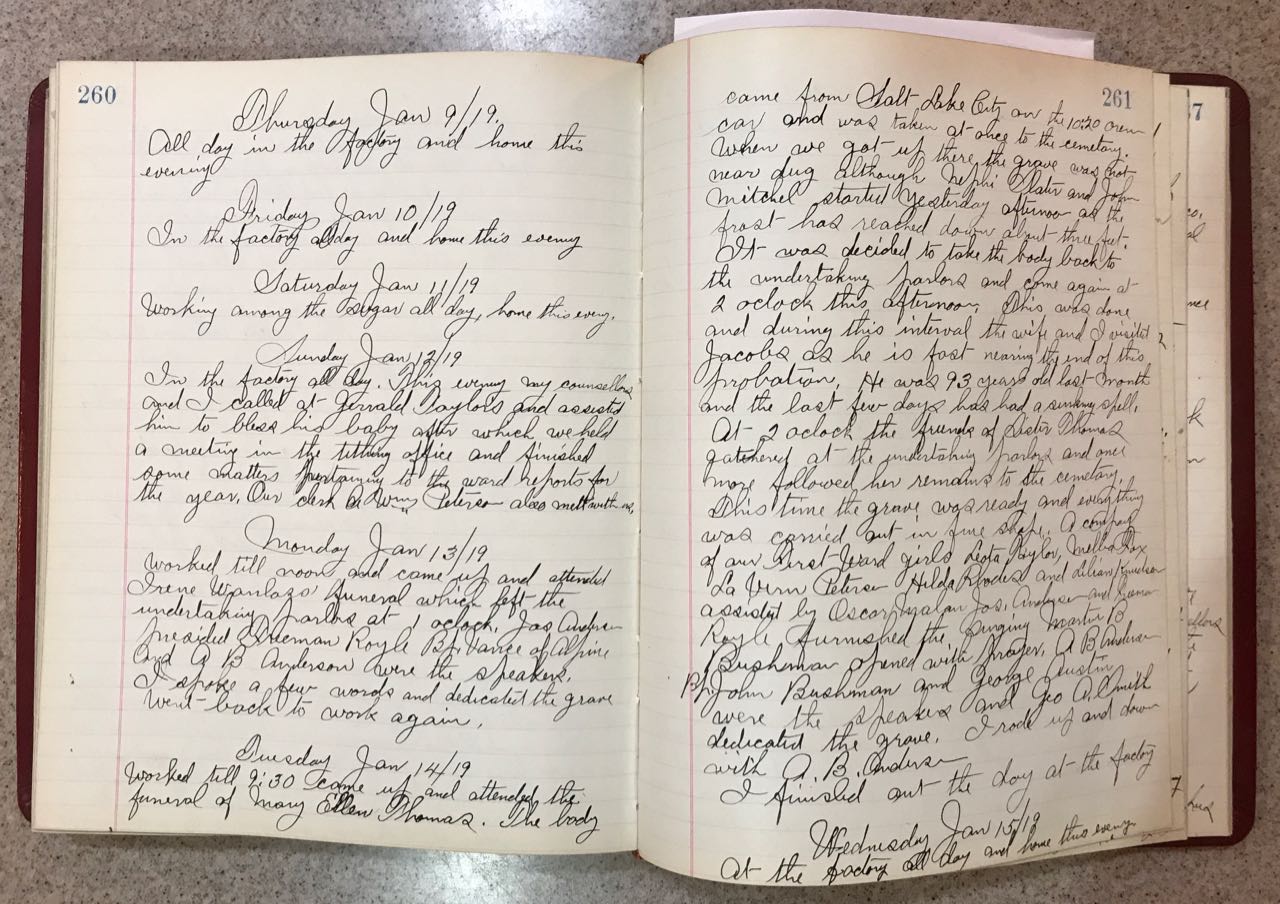 Andrew Fjeld's beautiful handwriting makes his journals a very easy way to learn about Lehi's history. These pages highlight Jan. 9-14, 1918, and mention his attendance at Irene Wanlass' funeral.